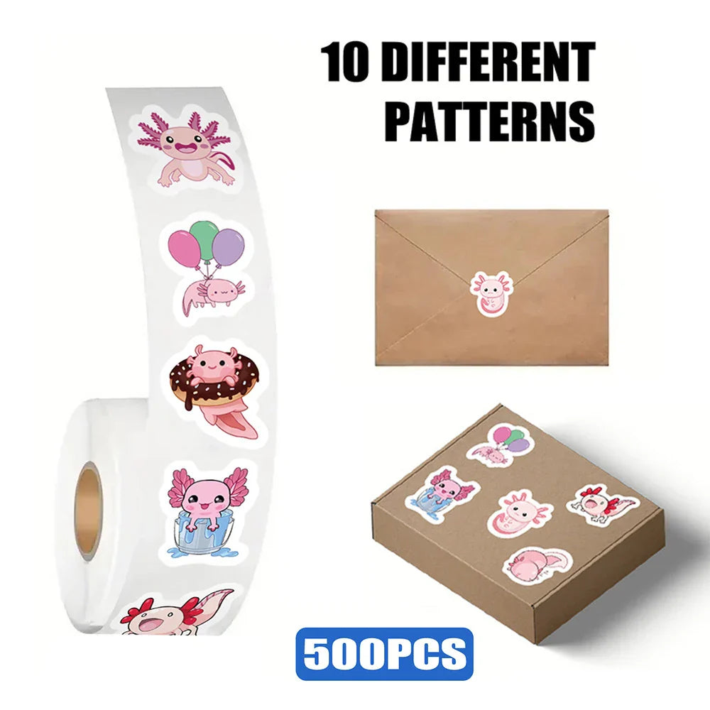 500pcs Axolotl Stickers Roll Cartoon Animal Decals for Kids Scrapbook Laptop (Online Order Only)