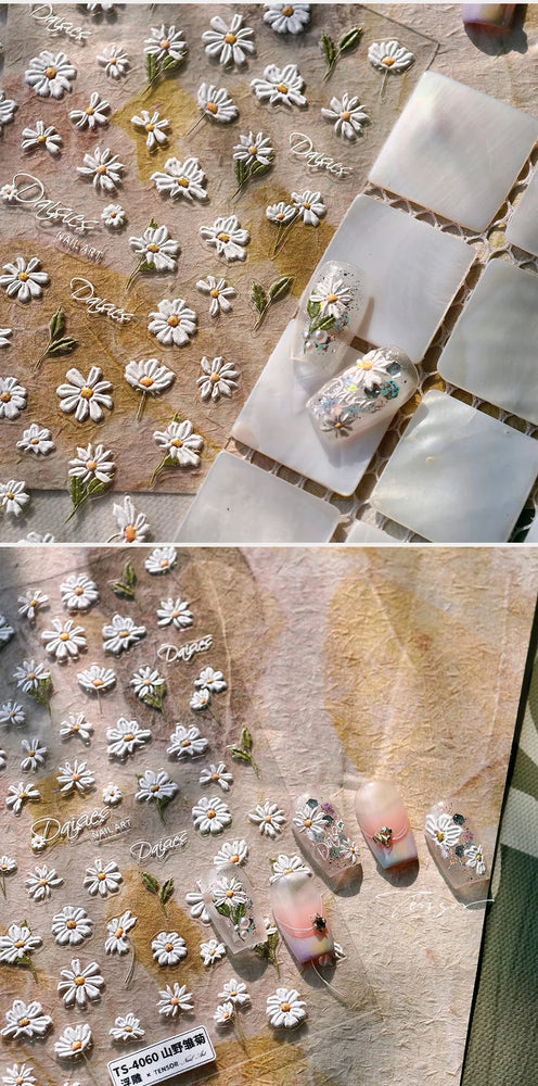 Mountain Daisy Wild Flower Mini Green Leaves White Petal Romantic Embossed Reliefs Adhesive Nail Art Stickers Manicure Decals (ONLINE ORDER ONLY)