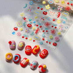Flower Star Sun Grid Line Interesting Graffiti Tulip Cherry Apple Fruit Dot Painting Adhesive Nail Art Stickers Manicure Decals (ONLINE ORDER ONLY)