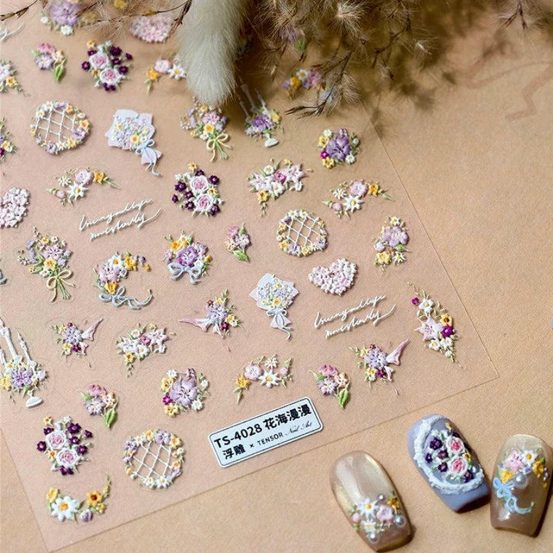 Romantic Flowers Bouquet Butterfly Rose Bowknot Candlestick Wreath Love Heart 5D Self Adhesive Nail Art Stickers Manicure Decals (Online Order Only)
