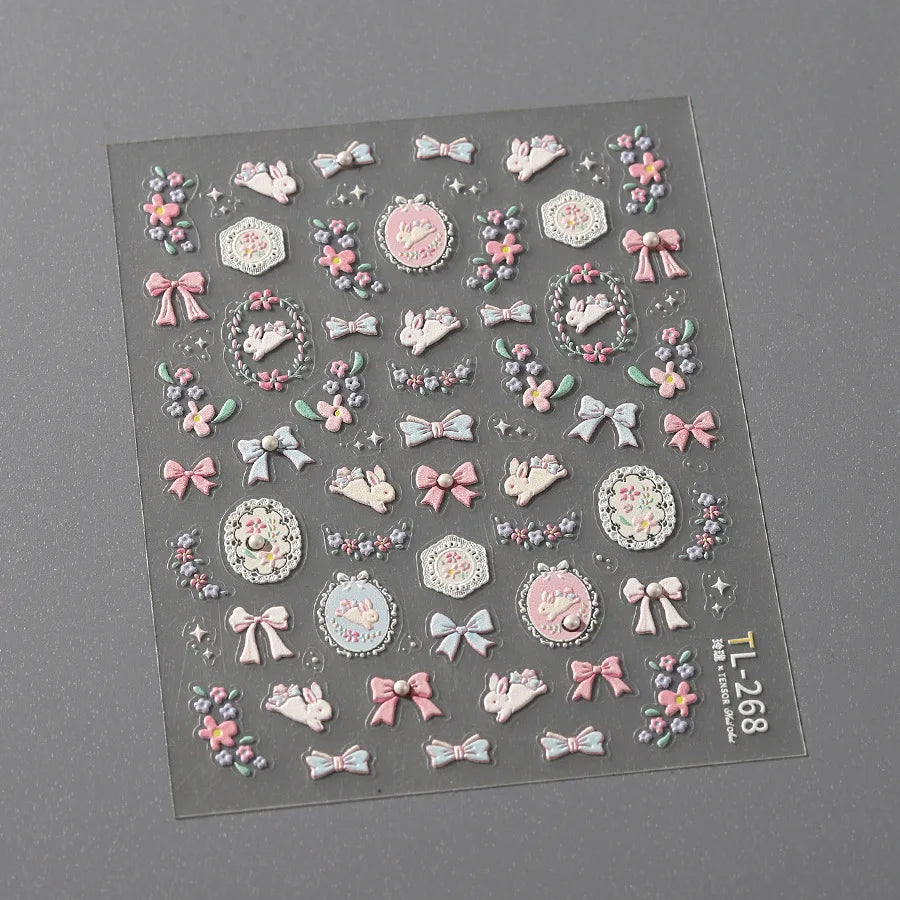 Pink Running Rabbit Bowknot Wreath Bunny Flower Tie Totem Pattern Self Adhesive Nail Art Sticker Pearl Rhinestone Manicure Decal (Online Order Only)