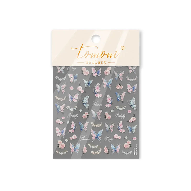 Oil Painting Style Rose Flowers Butterfly Wreath Floral Garland 5D Soft Relief Adhesive Nail Art Sticker Cute 3D Manicure Decals (ONLINE ORDER ONLY)