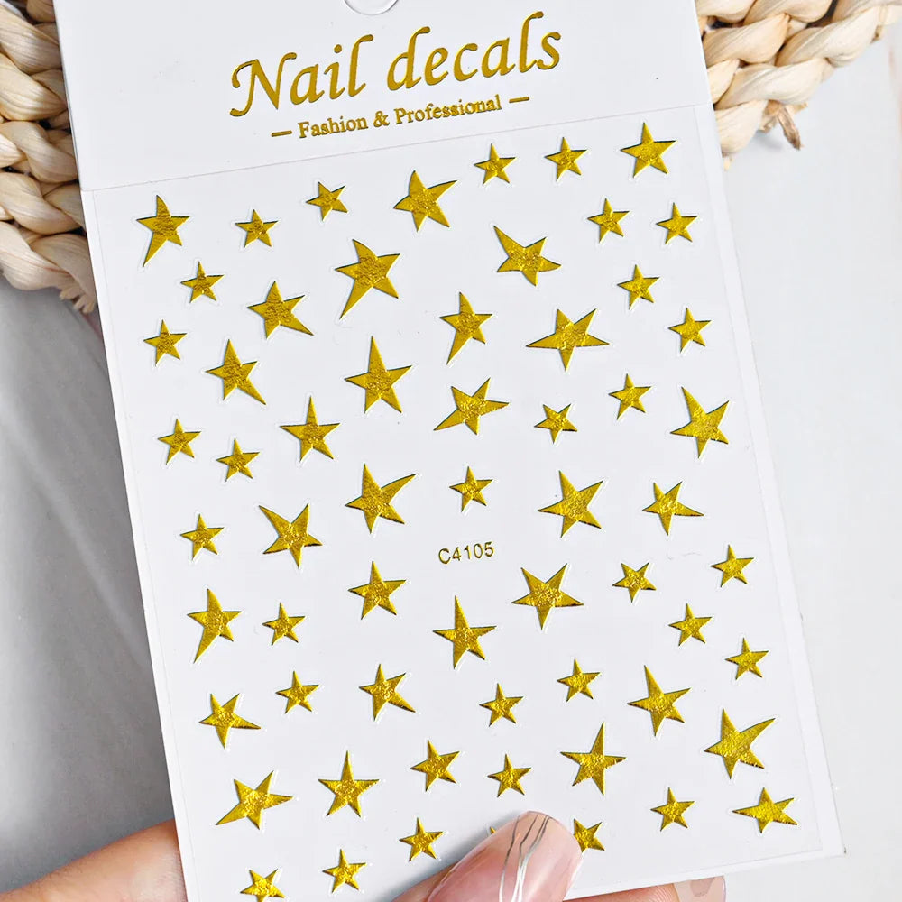1 Sheet Star Nail Art Stickers 3d Self Adhesive Nail Decals Black White Golden Silver Color Star Design Nail Supplies Accessory (ONLINE ORDER ONLY)