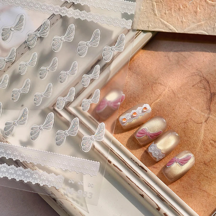 Pink White Bowknot Jelly Knot Lace Delicate Decorative Border Shiny 5D Self Adhesive Nail Art Stickers Manicure Decals Wholesale (Online Order Only)