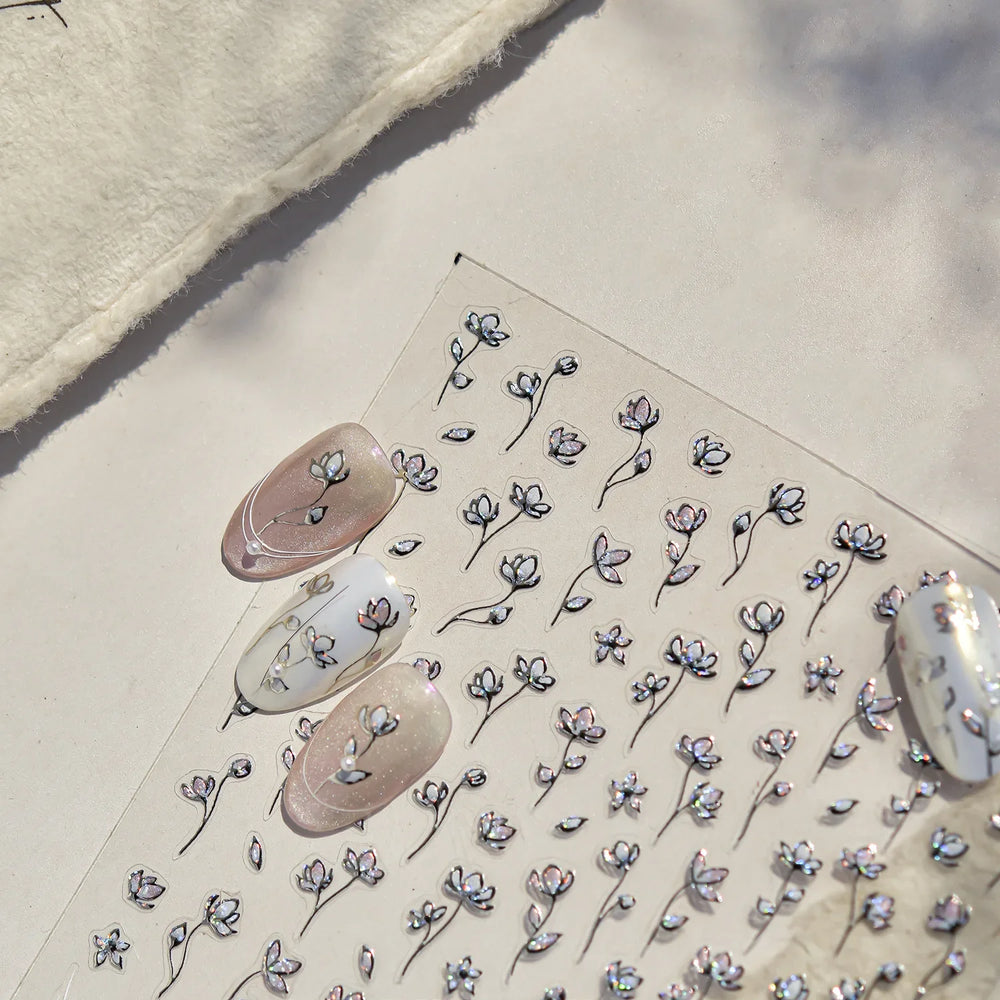 Mini Three Leaf Flower Magnolia Lotus Flower Stem Gradual Petal Line Arc Metal Sillver Delicate Nail Art Stickers Manicure Decal (Online Order Only)