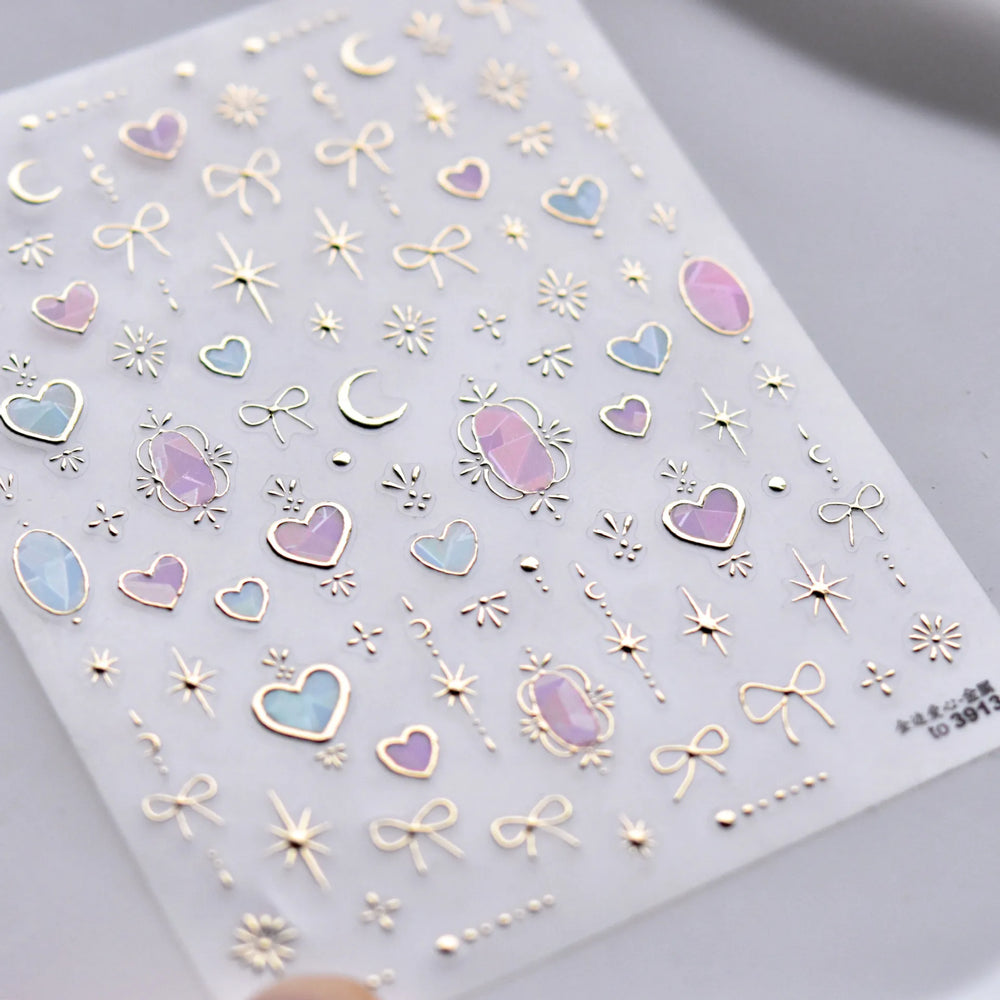 1pcs 5D Shell Light Nail Stickers Fashion Gold Border Love Heart Bowknot Moon Star Art Decal High Quality Manicure Decorations (Online Order Only)