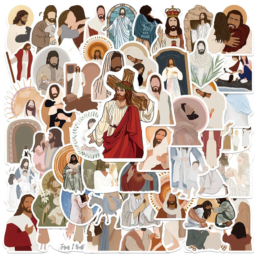 52pcs Aesthetic Jesus Stickers Cartoon Art Faith Stickers For Laptop Water Bottle Luggage Notebook Waterproof Vinyl Car Decals (Online Order Only)