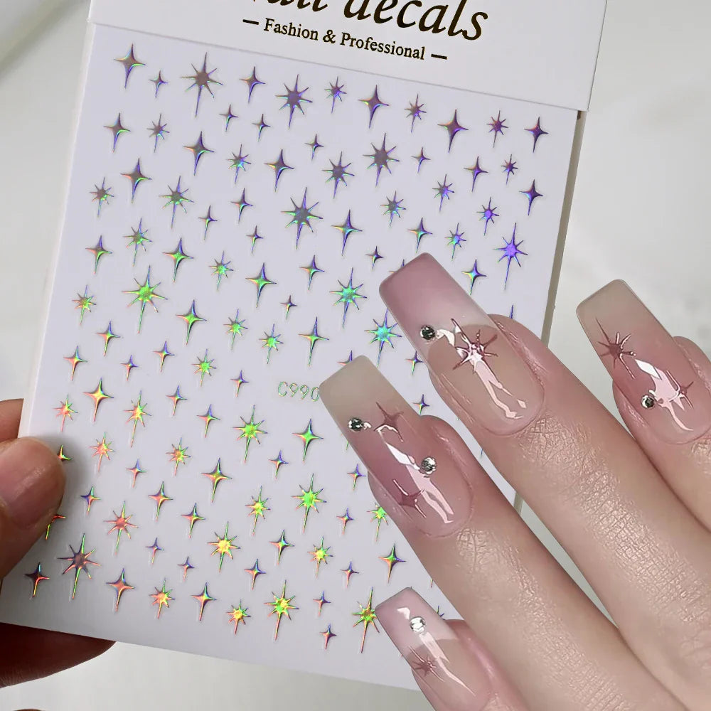 6Pcs 3D Silvery Star Nail Sticker Y2K Nail Design Gold Bronzing Slider Chrome Effect Nail Decoration Nail Design Manicure Tips * (ONLINE ORDER ONLY)