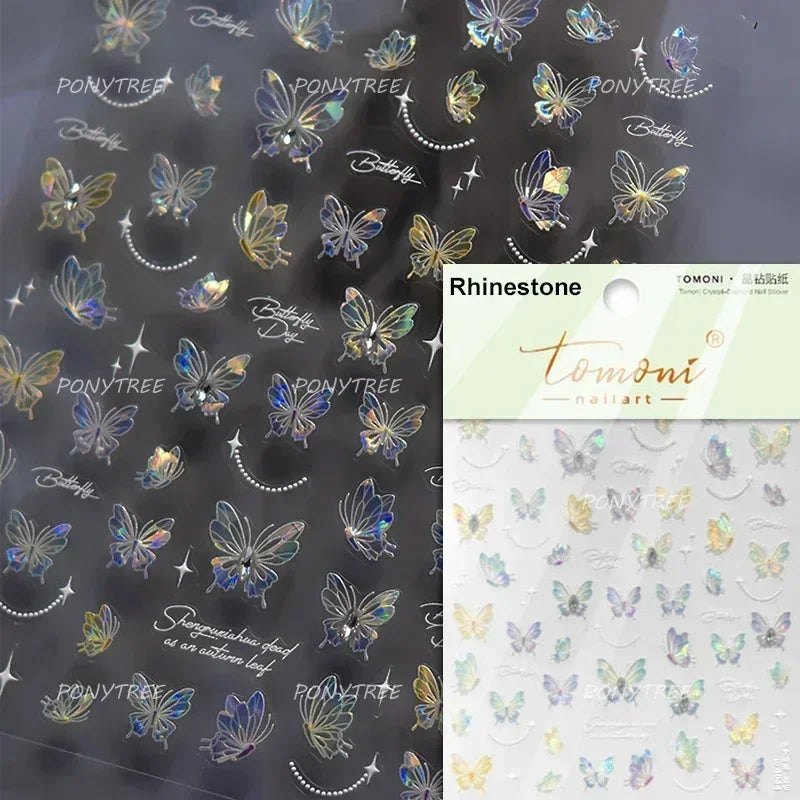 Charming Delicate Sapphire Color Blue Black Stroke Butterfly Jelly Relief Rhinestone Adhesive Nail Art Stickers Manicure Decals (Online Order Only)