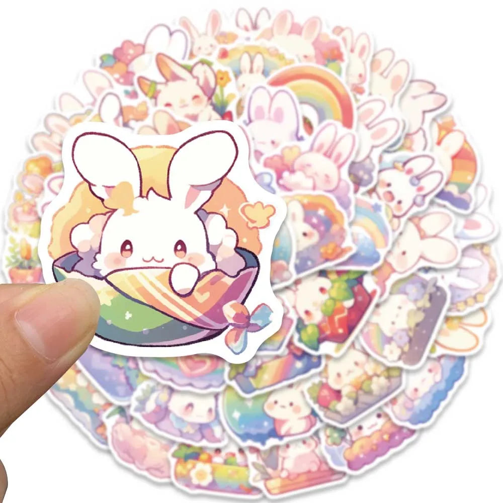 50pcs Cute Cartoon Rainbow Rabbite Animal Stickers For Laptop Phone Guitar Luggage Waterproof Graffiti Vinyl Car Decals (ONLINE ORDER ONLY)