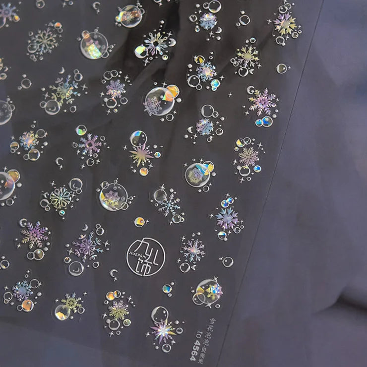 Shiny White Pink Blue Gold Snowflakes Hexagon Water Bubbles Winter 5D Self Adhesive Nail Art Stickers Rhinestone Manicure Decals (ONLINE ORDER ONLY)