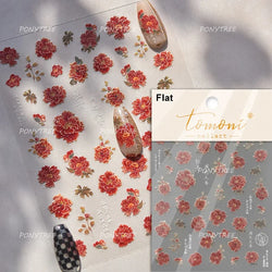 Chic Romantic Red White Flower Hot Stamping 5D Self Adhesive Nail Art Stickers Shiny Dreamy Camellia Rhinestone Manicure Decals (ONLINE ORDER ONLY)
