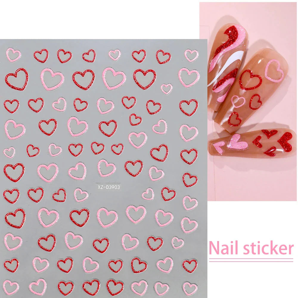 1Pc Red Pink White Heart Bow Nail Art Stickers with Glitter Sequins 5D Self Adhesive Nail Decorations Slider Decals DIY Manicure (ONLINE ORDER ONLY)