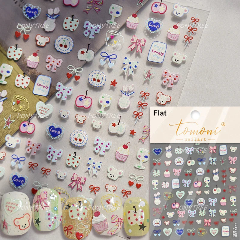 Cute Lucky Bear Apple Core Star Bowknot Flower Delicious Cookies Cherry Cake Dessert Milk Vase Adhesive Nail Art Stickers Decals (ONLINE ORDER ONLY)