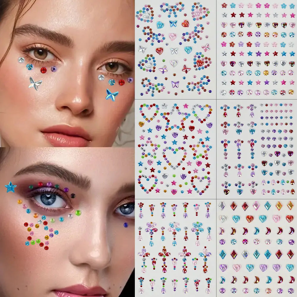 1pc Star-Shaped Rhinestone Sticker Sparkling Acrylic Rhinestone Face Decals Butterfly & Floral Designs for Party/Stage/Festivals (ONLINE ORDER ONLY)