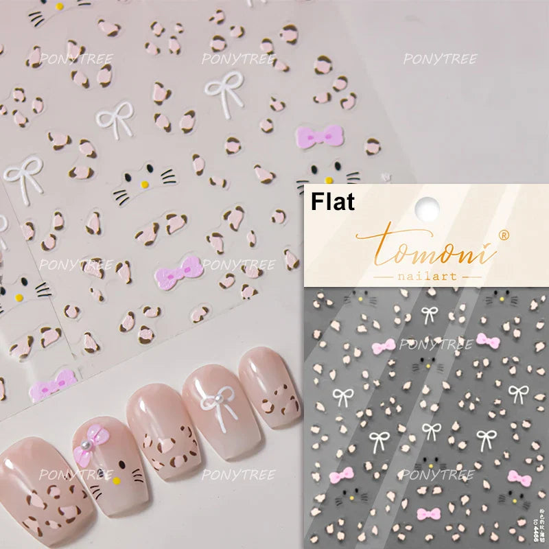 Cute Leopard Cat Ginger Cat Paw Bowknot Knitting Wool Ball Fish Self Adhesive Nail Art Stickers IllusionChic Manicure Decals (ONLINE ORDER ONLY)