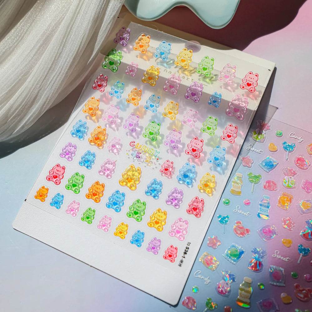 Colourful Jelly Rabbit Bunny Gummy Bear Cute Lollipop Soda Water Candy Snack Pudding Star Heart Nail Art Stickers Manicure Decal (ONLINE ORDER ONLY)
