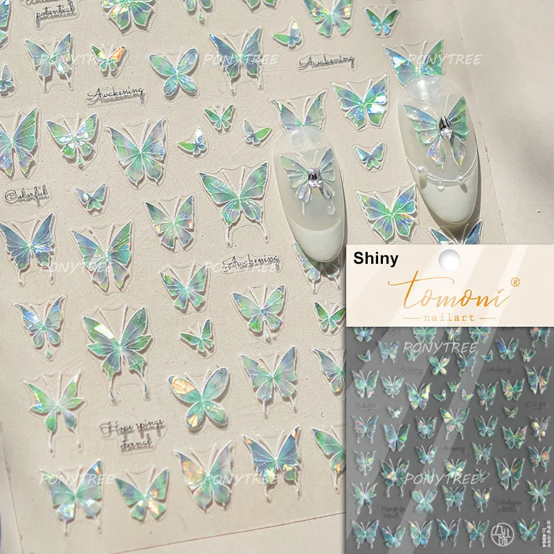 Charming Pink Purple Embroidery Gradual Butterfly Flowers Green Leaf 5D Tender Self Adhesive Nail Art Stickers Manicure Decals (ONLINE ORDER ONLY)