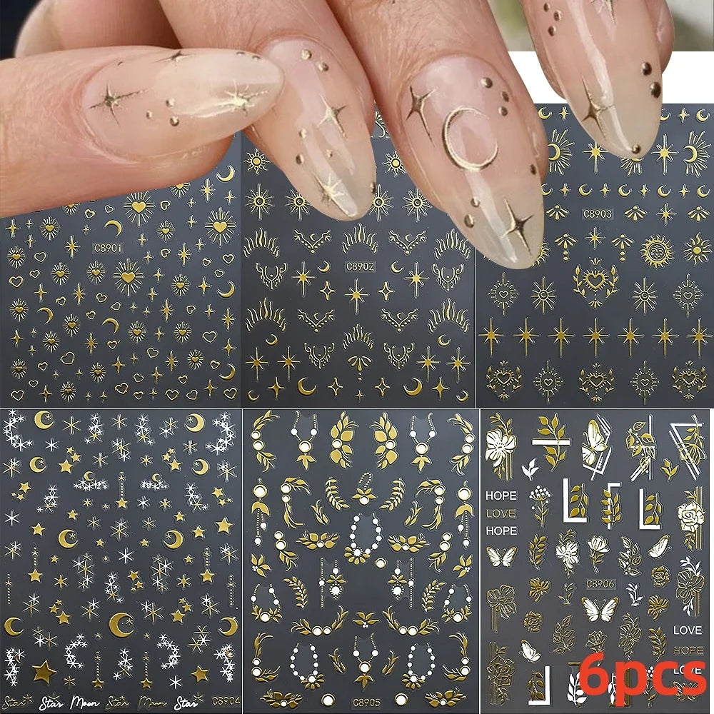 6pcs Mirror Silver Star 3D Nail Sticker Holographic Heart/Moon/Cross Design Self-Adhesive Decal Manicure Art Supplies Decoration (ONLINE ORDER ONLY)
