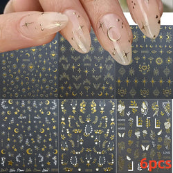 6pcs Mirror Silver Star 3D Nail Sticker Holographic Heart/Moon/Cross Design Self-Adhesive Decal Manicure Art Supplies Decoration (ONLINE ORDER ONLY)