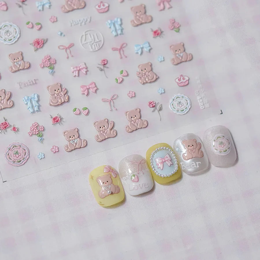 Charming Cherry's Cake Cute Bowknot Pink Blue Bear Flower Bouquet Strawberry Adhesive Nail Art Sticker Rhinestone Manicure Decal (Online Order Only)