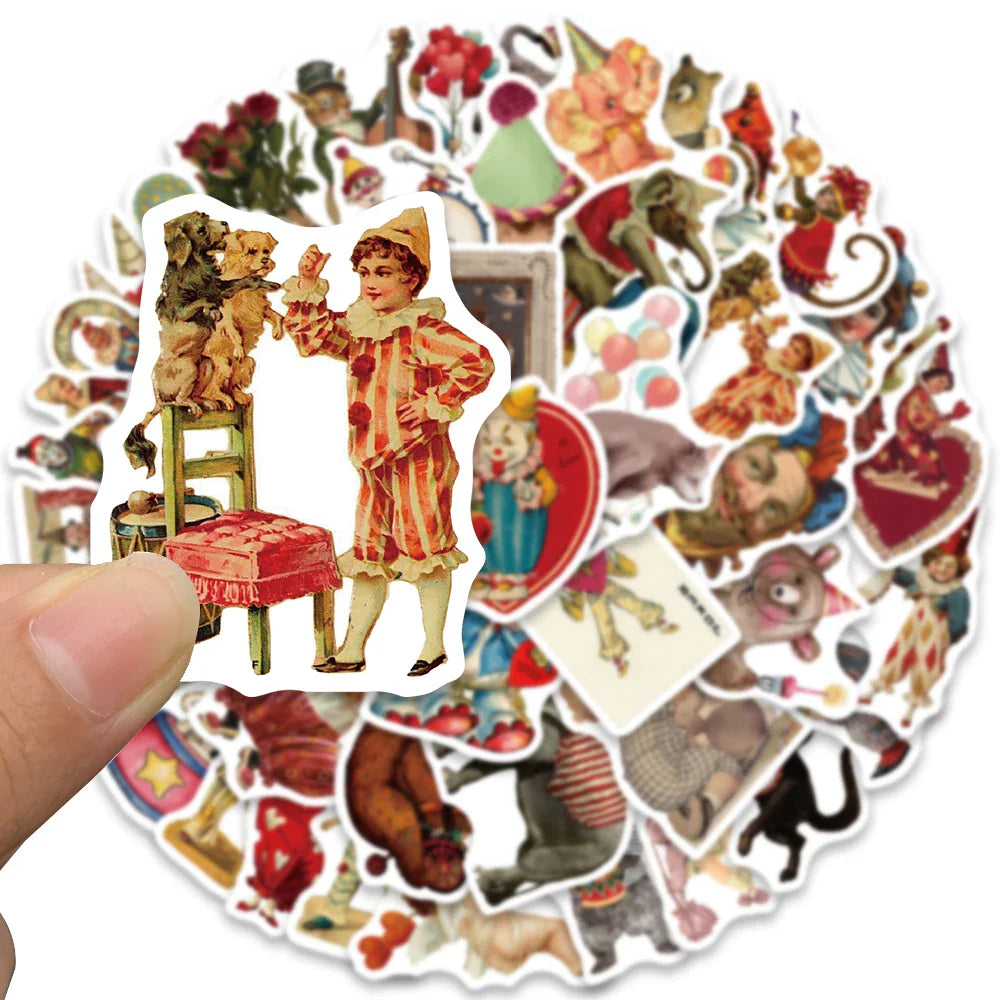 50PCS Vintage Circus Acrobatics Clown Retro Art Funny Stickers Aesthetic Graffiti Decals Scrapbook Laptop Bottle Sticker Gift (Online Order Only)