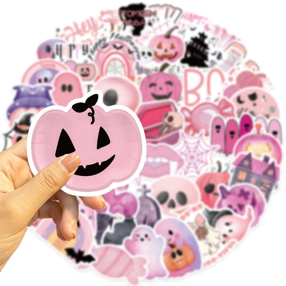 10/50pcs Kawaii Pink Halloween Ghost Skull Pumpkin Stickers Notebook Guitar Skateboard Waterproof Cute Decorative Sticker Toy (ONLINE ORDER ONLY)