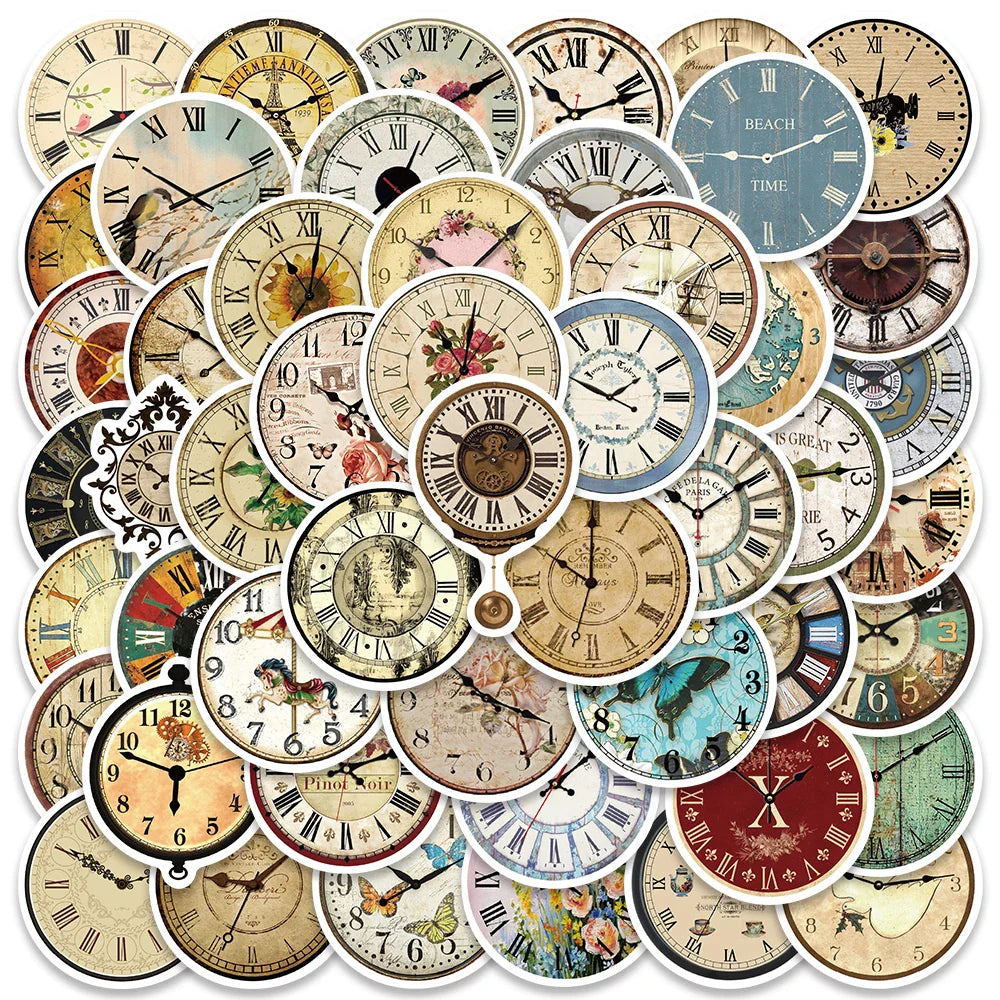 50PCS Vintage Clock Cartoon Stickers for Scrapbooking, Diary, Album, Stationery, Kids Toy (ONLINE ORDER ONLY)