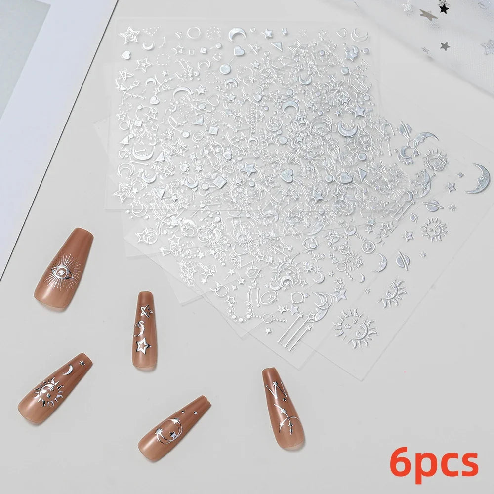 4pcs/Set Elf/Fairy Jelly Gold Nail Art Sticker Sun/Moon/Star Geometric Embossed Reliefs Self Adhesive Nail Decal Manicure Design (Online Order Only)