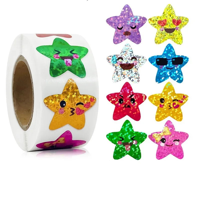50-500pcs Laser Cartoon Shiny Star Reward Stickers Corlorful Adhesive Stickers Reward Chart Decorative Toy Gifts Sticker Labels (ONLINE ORDER ONLY)