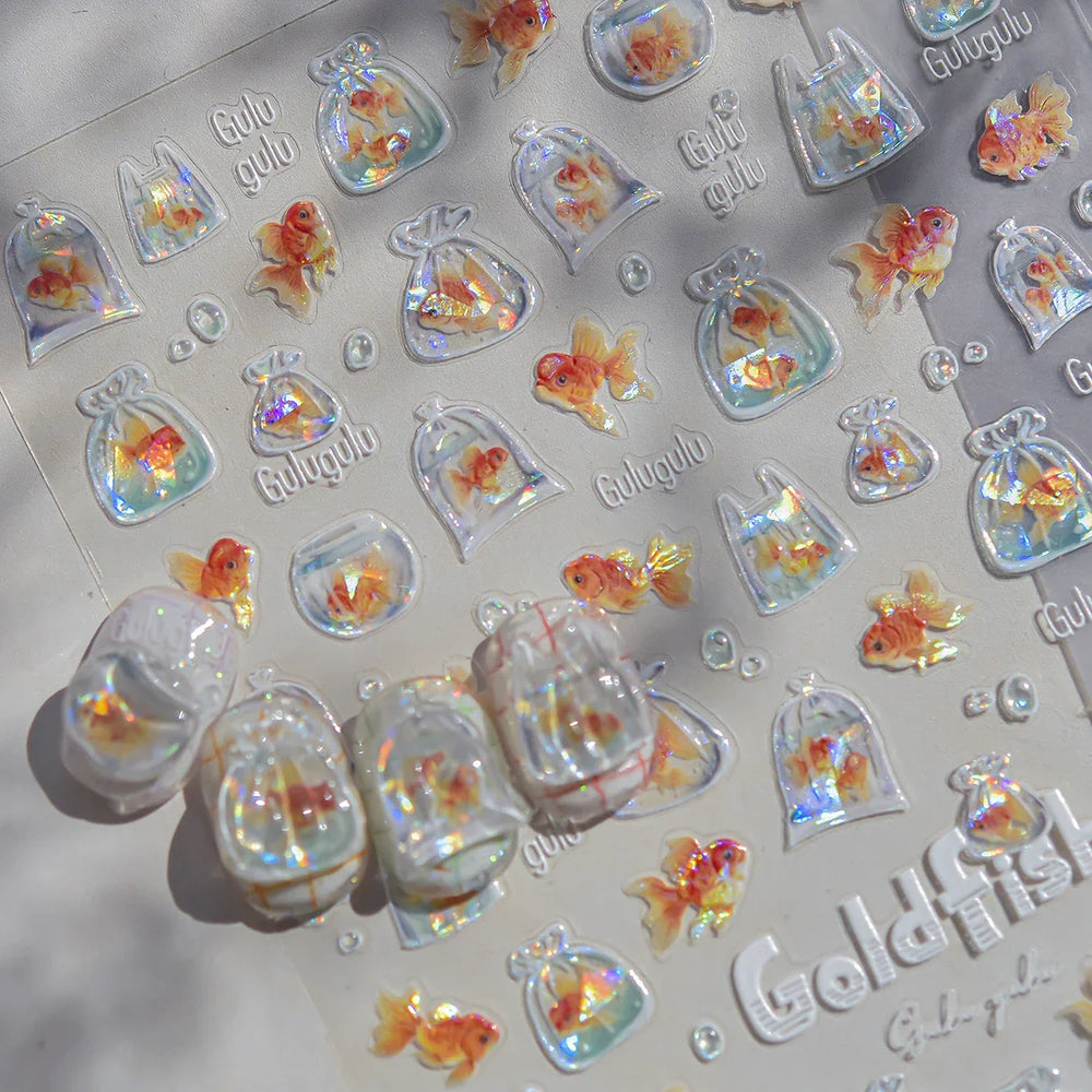 Bagful Brocaded Carp Goldfish Jellyfish Water Bubbles Seahorse Ocean Starfish Whale Adhesive Nail Art Stickers Manicure Decals (ONLINE ORDER ONLY)