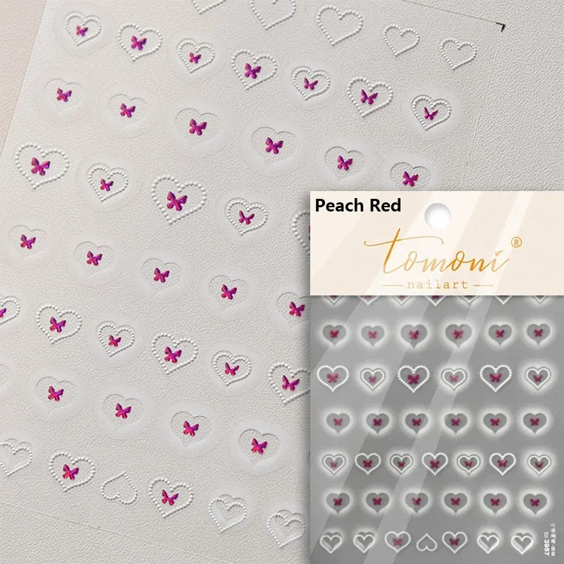 Flat Small Pink Brown Halo Dyeing Love Heart Geometric Leopard Shiny Jelly Chic Embossed Relief Nail Art Stickers Manicure Decal (Online Order Only)