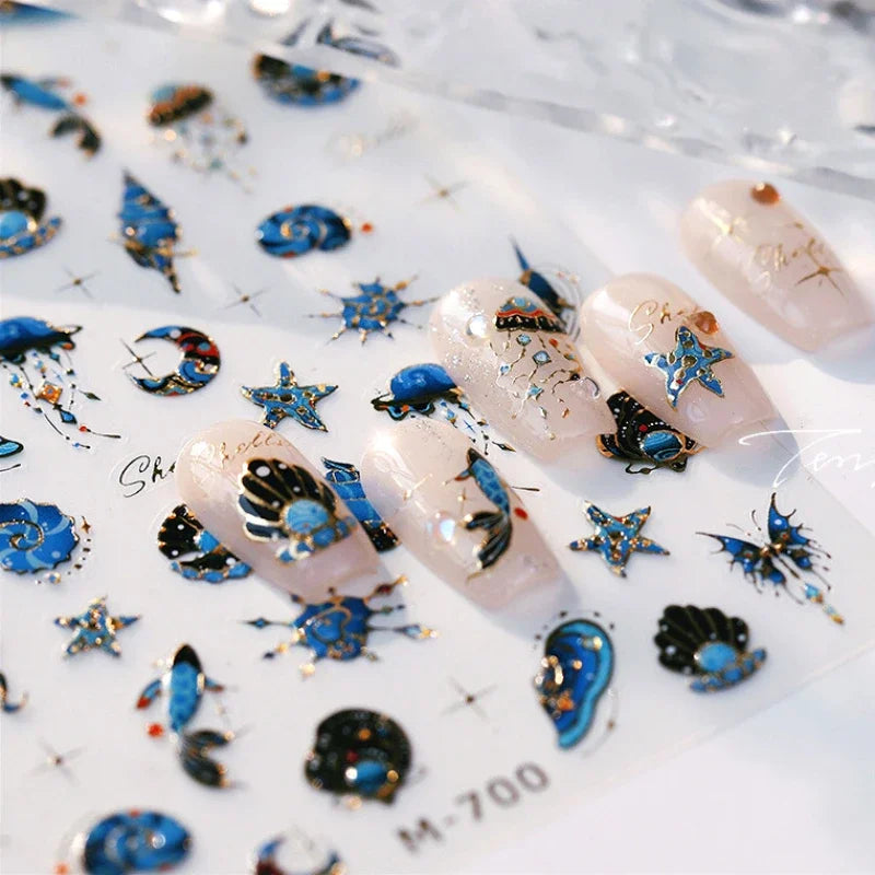 Blue Butterfly Planet Star Conch Snake Shell Clam Pearl Whale Jellyfish Moon Adhesive Nail Art Stickers Dreamy Manicure Decals (Online Order Only)