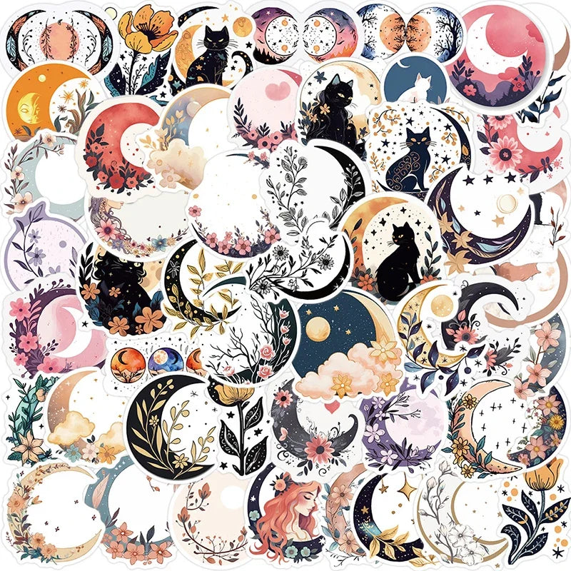 10/30/50PCS Moon Flower Cat PVC Sticker Aesthetic Children's Decoration Scrapbooking Accessories DIY Stationery School Supplies (ONLINE ORDER ONLY)
