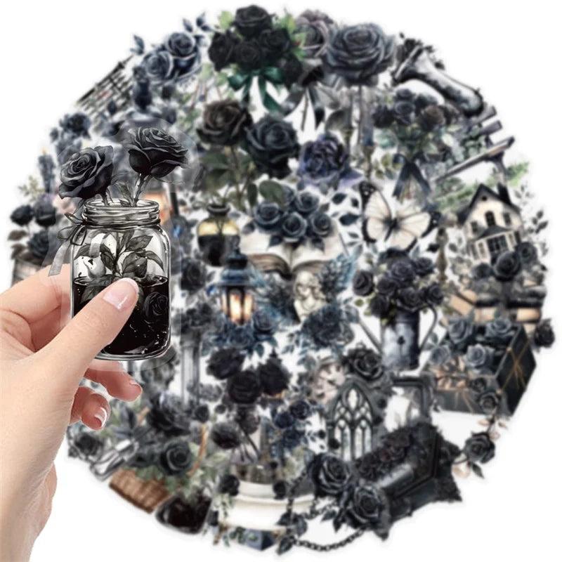 50PCS Kawaii Black Rose PET Sticker Aesthetic Transparent Decoration Scrapbooking Stationery DIY Hand Accounting Supplies (ONLINE ORDER ONLY)