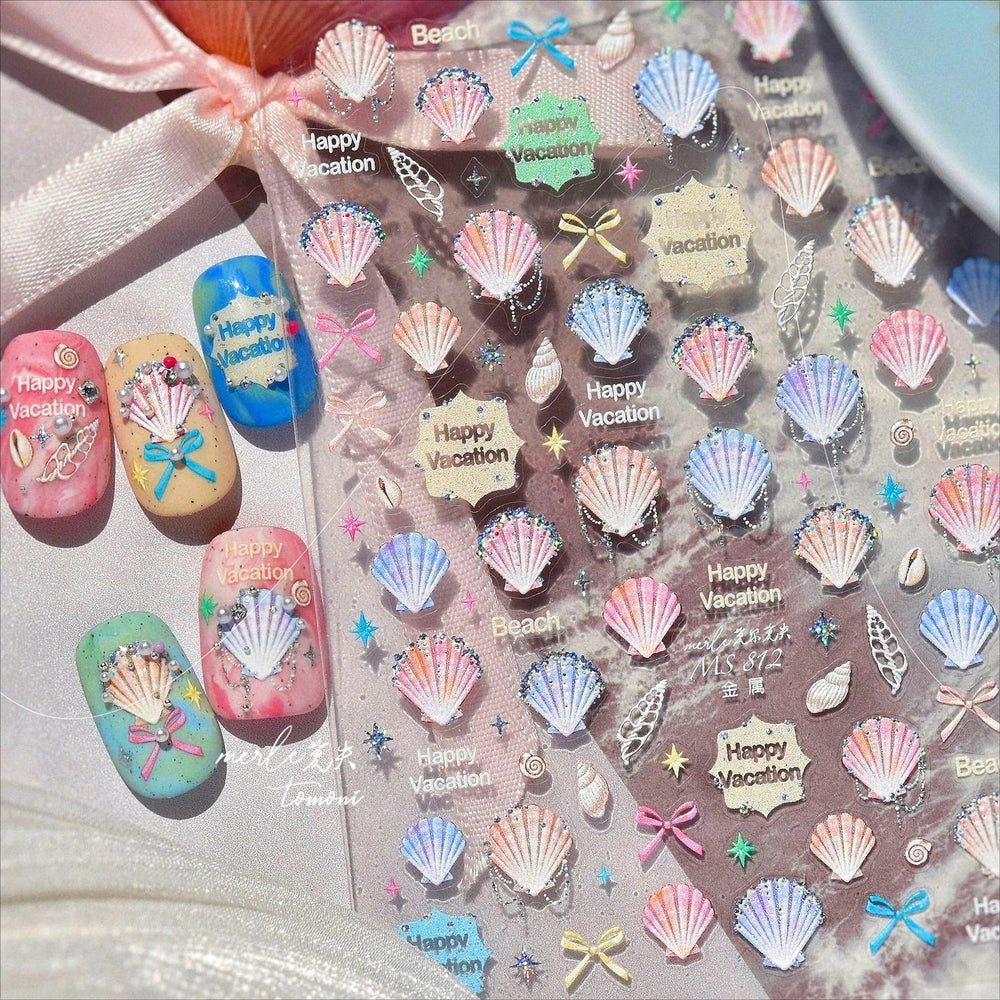Hot Stamping Laser Shell Conch Starfish Pearl Whale Coral Dolphin Summer Beach Sea Wave Jellyfish Bubble Nail Art Stickers Decal (ONLINE ORDER ONLY)