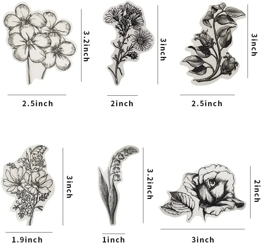 60 PCS Black and White Vintage Retro Flower Plant Stickers Decals for Laptop Scrapbooking Journal Planner Card Making (Online Order Only)