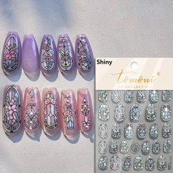 French Style Colorful Square Grid Rhombus Stripe Bowknot Line 3D Self Adhesive Nail Art Stickers Shiny Rhinestone Manicure Decal (Online Order Only)
