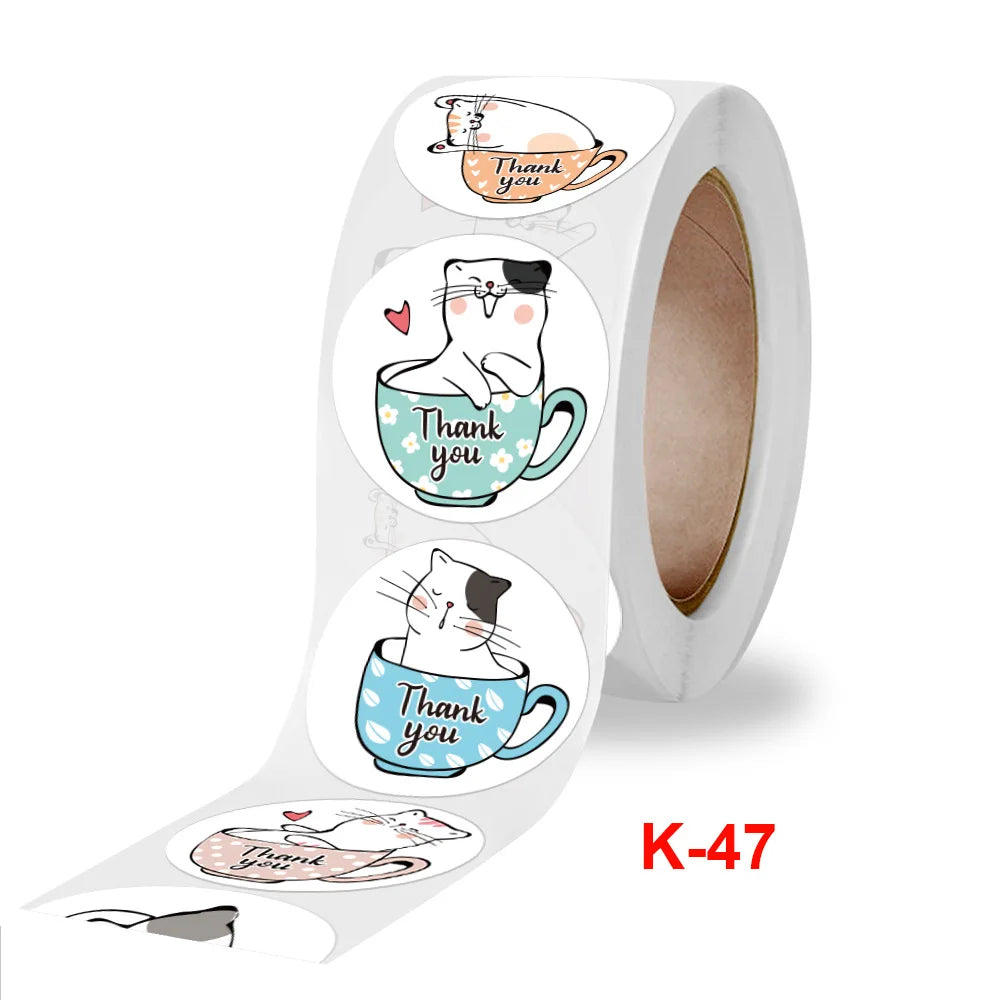 100-500 Pcs Roll 1-1.5inch Round White Decorative Gift Thank You Stickers Cartoon Hand-painted Cat Sealing Sticker Stationery (Online Order Only)
