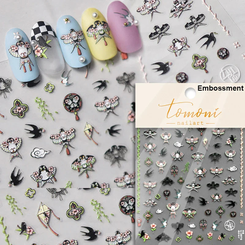 Swallow Bird Insect Animal Phoenix Peacock Dove 3D Self Adhesive Nail Art Stickers Chinese Ancient Poetry Manicure 5D DIY Decals (ONLINE ORDER ONLY)