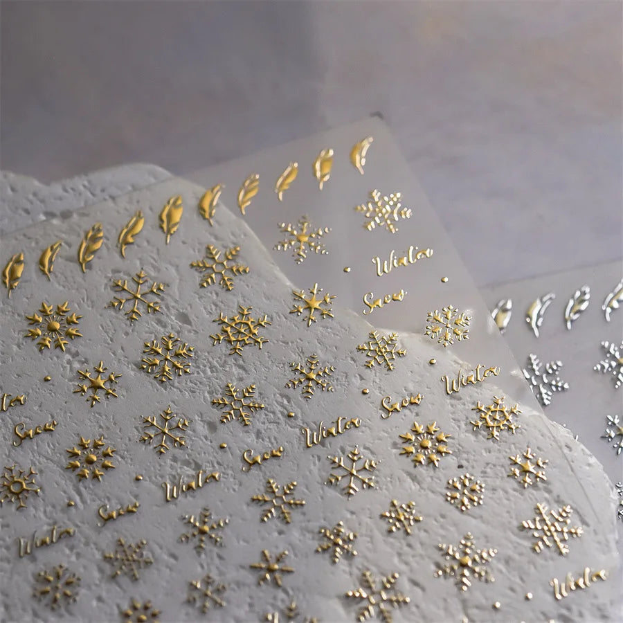 Hot Stamping Romantic White Gold Snowflakes Hexagon Winter 3D Self Adhesive Nail Art Stickers Shiny Rhinestone Manicure Decals (Online Order Only)