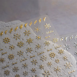 Hot Stamping Romantic White Gold Snowflakes Hexagon Winter 3D Self Adhesive Nail Art Stickers Shiny Rhinestone Manicure Decals (Online Order Only)