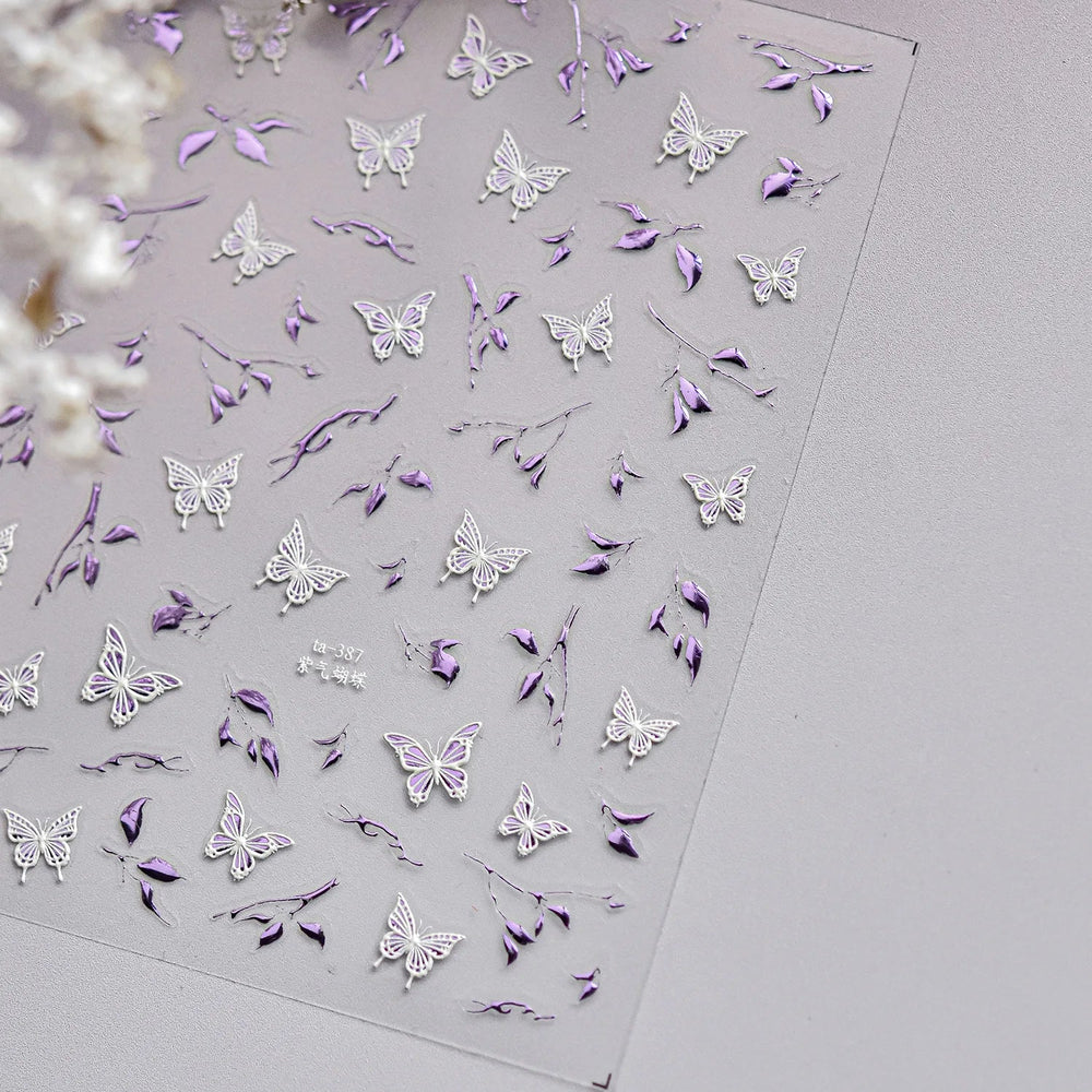 Hot Stamping Purple Line Love Heart Lace Bowknot Chain Branches Star Flower Leaf Butterfly Plant Flower Nail Art Stickers Decals (Online Order Only)