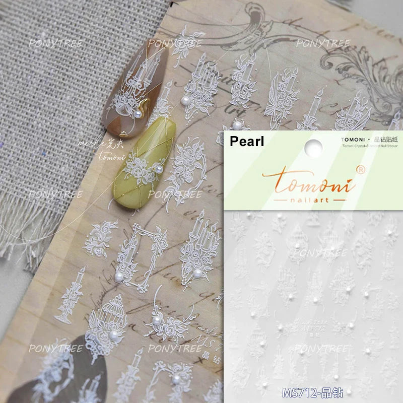 Retro White Lace Bandage Line Bowknot Irregular Fabric Cording Square Calligraphy Adhesive Nail Art Sticker 3D Manicure Decals (ONLINE ORDER ONLY)
