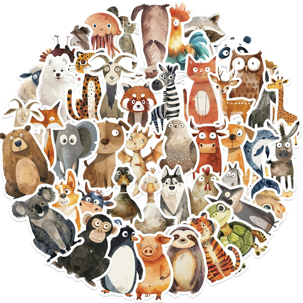 50Pcs Strange Watercolor Animals Stickers Cute Waterproof Decals For DIY Helmet Skateboard Laptop Motorcycle Cool Kids Gifts﻿ (ONLINE ORDER ONLY)
