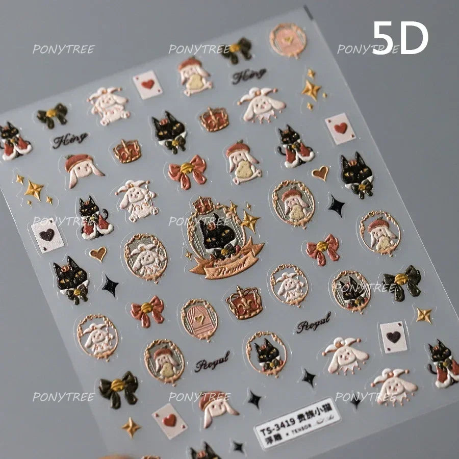 Rabbit Bunny Bear Flower Lace Bowknot Retro Frame Rose Self Adhesive Nail Art Decoration Stickers Chic Manicure Decals Wholesale (ONLINE ORDER ONLY)