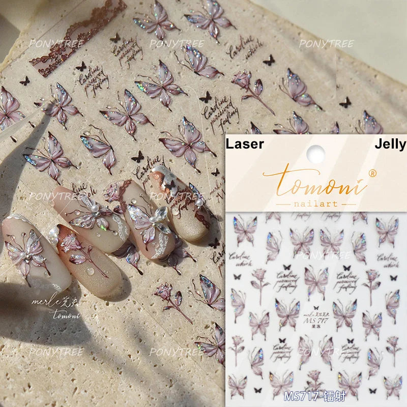 Flower Bowknot Butterfly Plant Leaf English Letter Rose Hand Drawn Embossed Relief Self Adhesive Nail Art Sticker Manicure Decal (ONLINE ORDER ONLY)