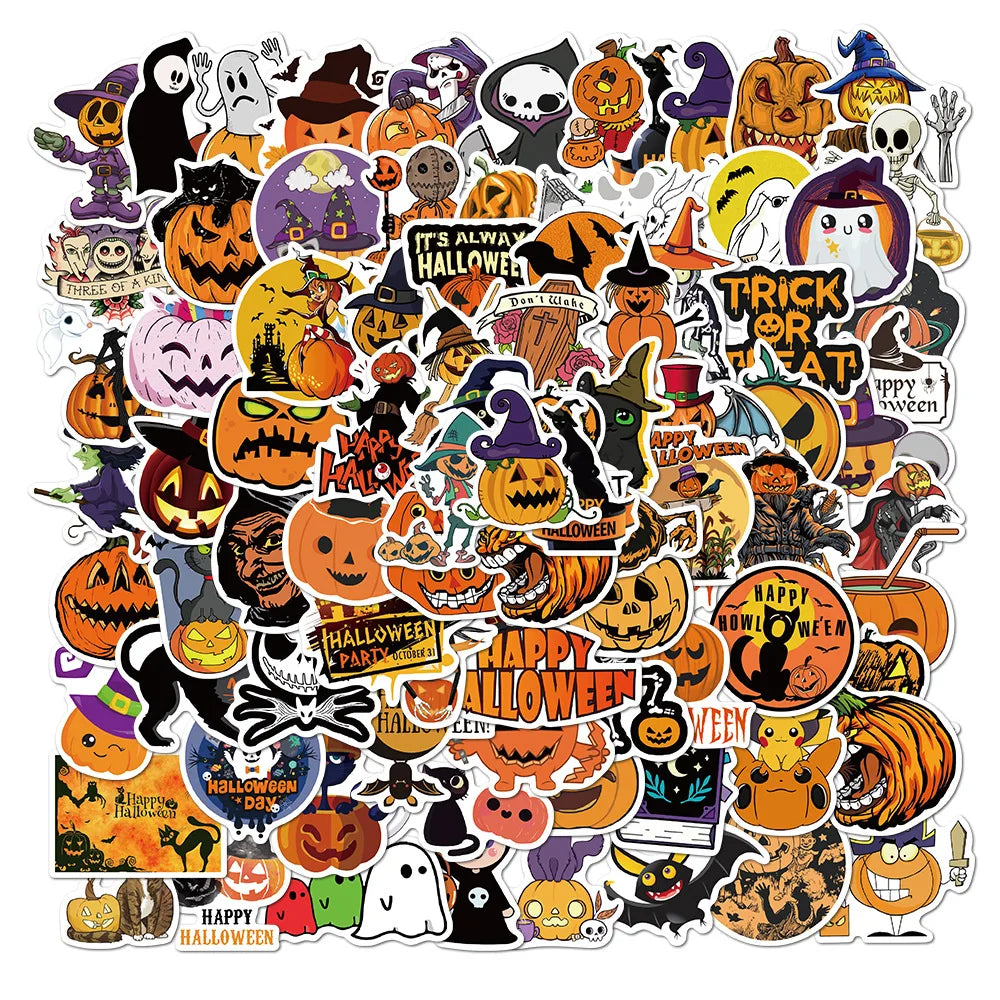 10/50/100pcs Funny Halloween Ghost Pumpkin Stickers Horror Decals Decoration Sticker Wall Skateboard Phone RefrigeratorToy (Online Order Only)