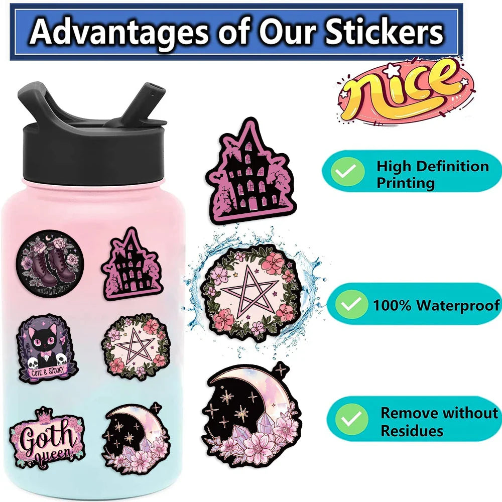50pcs Cool Dark Pink Gothic Skull Graffiti Stickers DIY Scrapbook Luggage Waterproof PVC StickerTarot Goth Decals (Online Order Only)