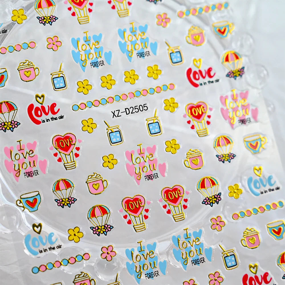 12Pcs 3D Golden Red Glitter Heart Love Nail Sticker Valentine Self Adhesive Cartoon Decal Geometry Lines Stripe Slider Manicure* (ONLINE ORDER ONLY)
